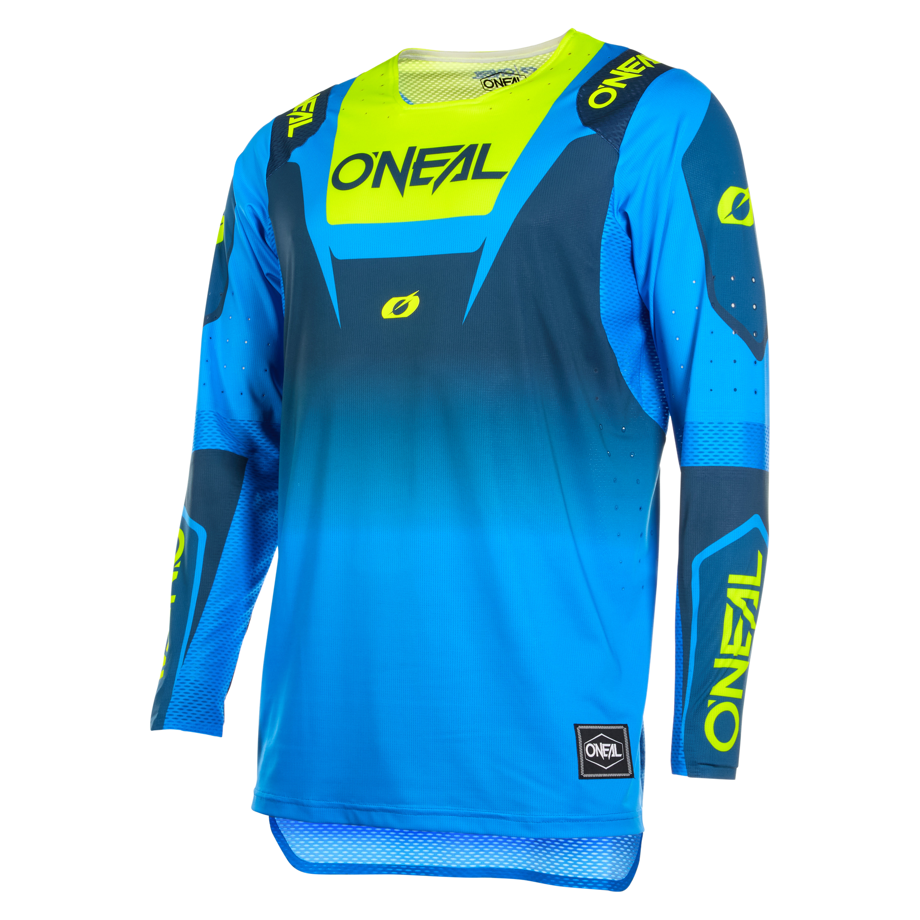 Das Motocross-Trikot „O“ von O’NEAL Europe ist blau und neongelb mit langen Ärmeln, einem Farbverlaufsdesign und leuchtenden Akzenten an Schultern und Armen und bietet einen sportlichen Look.