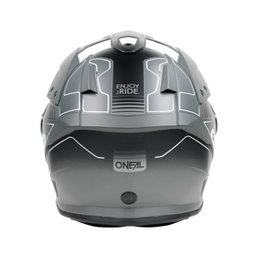 Ein mattgrauer O'NEAL SIERRA RS Helm ECHO Motorradhelm, von hinten gesehen, mit der Aufschrift "ENJOY RIDE." oben und "ONEAL" unten, akzentuiert mit weißen geometrischen Linien im Design.