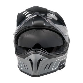 Der O'NEAL SIERRA RS Helm ECHO ist ein glänzender schwarz-silberner Motorradhelm mit klarem Visier, getöntem Innenschild, vorderen Belüftungsöffnungen und einem kantigen, modernen Design.