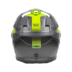 Rückansicht des grauen und neongelben O'NEAL SIERRA RS Helm ECHO by O'NEAL mit "ENJOY THE RIDE." und "ONEAL"-Schriftzug, mit modernem, kantigem Design und Quin Smart Safety Sensor-Kompatibilität.