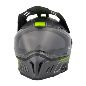 Der O'NEAL SIERRA RS Helm ECHO ist ein schwarz-grüner Motorradhelm mit klarem Visier, großen Belüftungsöffnungen und einem kantigen, aerodynamischen Design. Er ist in der Frontansicht auf Schwarz abgebildet und verfügt über den fortschrittlichen Quin Smart Safety Sensor für zusätzlichen Schutz des Fahrers.