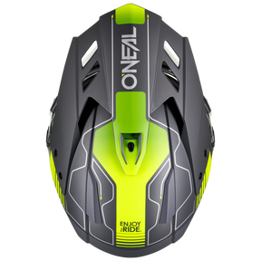 Draufsicht auf den O'NEAL SIERRA RS Helm ECHO in schwarz und neongelb mit "ENJOY THE RIDE". Dieser Motorradhelm von O'NEAL verfügt über eckige Lüftungsschlitze, ein modernes Design und ist mit dem Quin Smart Safety Sensor kompatibel.