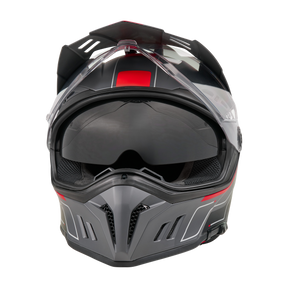 Vorderansicht des O'NEAL SIERRA RS Helm ECHO in Schwarz und Grau mit klarem Visier, roten Akzenten und schlankem Design. Mit integrierten Belüftungsöffnungen, getönter Sonnenblende und kompatibel mit dem Quin Smart Safety Sensor. Marke: O'NEAL.