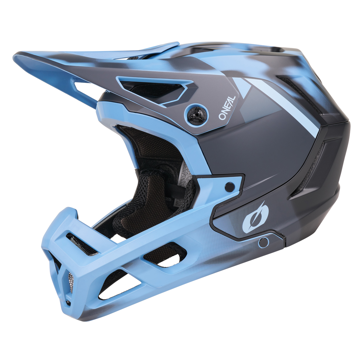 Der O'NEAL SL1 Helm GLACIOR ist ein Mountainbike-Vollvisierhelm in Schwarz und Hellblau mit Visier, großen Belüftungsöffnungen und O'NEAL-Logo, der optimalen Schutz und Komfort bietet.