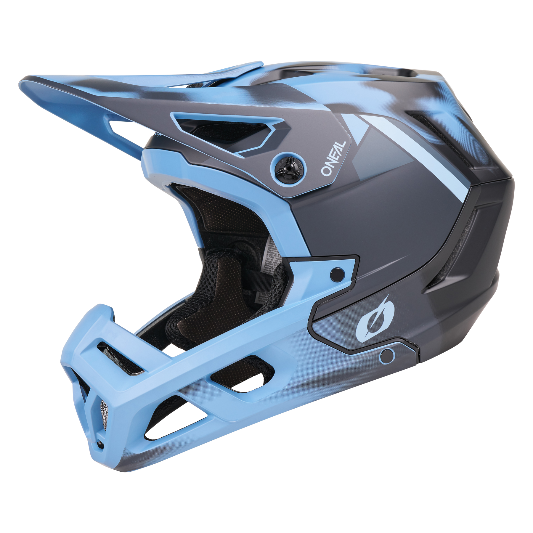 Der O'NEAL SL1 Helm GLACIOR ist ein Mountainbike-Vollvisierhelm in Schwarz und Hellblau mit Visier, großen Belüftungsöffnungen und O'NEAL-Logo, der optimalen Schutz und Komfort bietet.