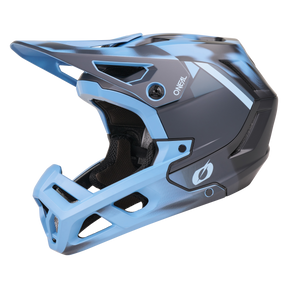 Der O'NEAL SL1 Helm GLACIOR ist ein Mountainbike-Vollvisierhelm in Schwarz und Hellblau mit Visier, großen Belüftungsöffnungen und O'NEAL-Logo, der optimalen Schutz und Komfort bietet.