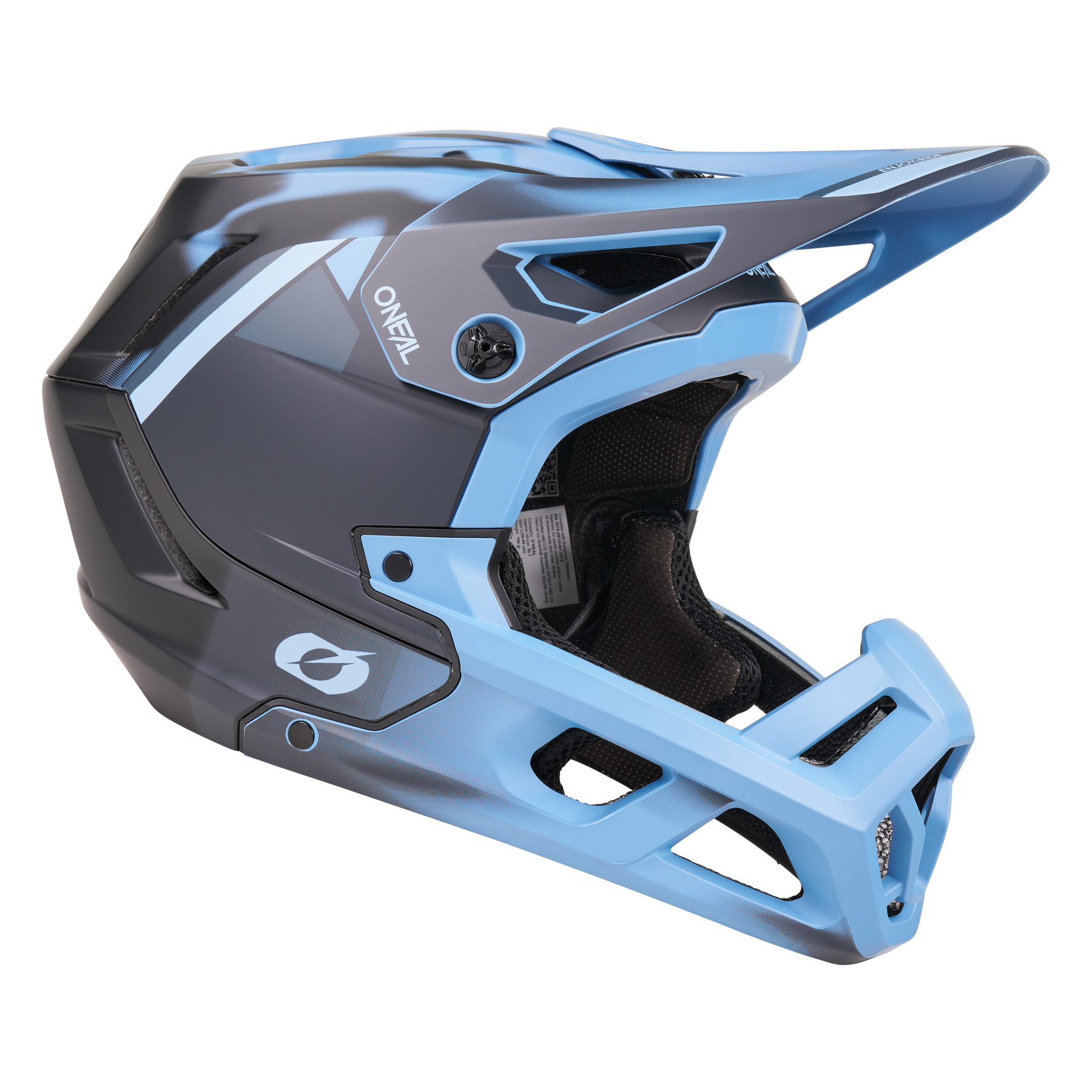 Der O'NEAL SL1 Helm GLACIOR ist ein blau-schwarzer Fullface-Mountainbike-Helm mit Visier, Belüftungsöffnungen und schützendem Kinnschutz. Der fette "O'NEAL"-Schriftzug an der Seite garantiert Stil und Zuverlässigkeit für optimalen Schutz.