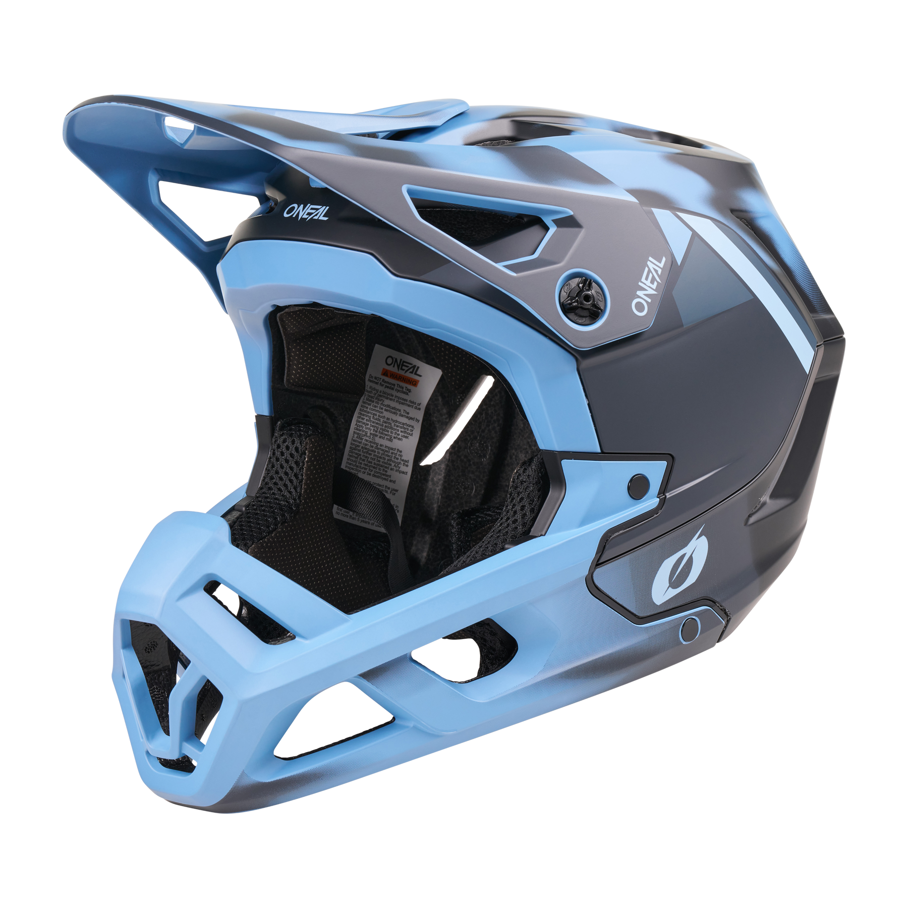 Der O'NEAL SL1 Helm GLACIOR in Blau verfügt über ein Visier, einen Kinnschutz und Belüftungsschlitze für optimalen Schutz - sein schlankes Design macht ihn ideal für den Radsport im Gelände.