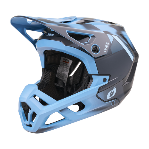 Der O'NEAL SL1 Helm GLACIOR in Blau verfügt über ein großes Visier, einen mit Mesh gefütterten Kinnschutz und Belüftungsöffnungen für optimalen Schutz, was ihn zu einem idealen Mountainbike-Helm von O'NEAL macht, abgebildet auf einem schlichten weißen Hintergrund.
