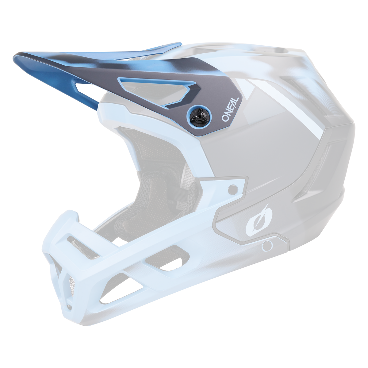 Ein blauer und weißer O'NEAL Spare Visor SL1 Mountainbike-Vollvisierhelm mit Visier und Kinnschutz, mit dem O'NEAL-Logo auf der Seite, auf einem schlichten weißen Hintergrund.