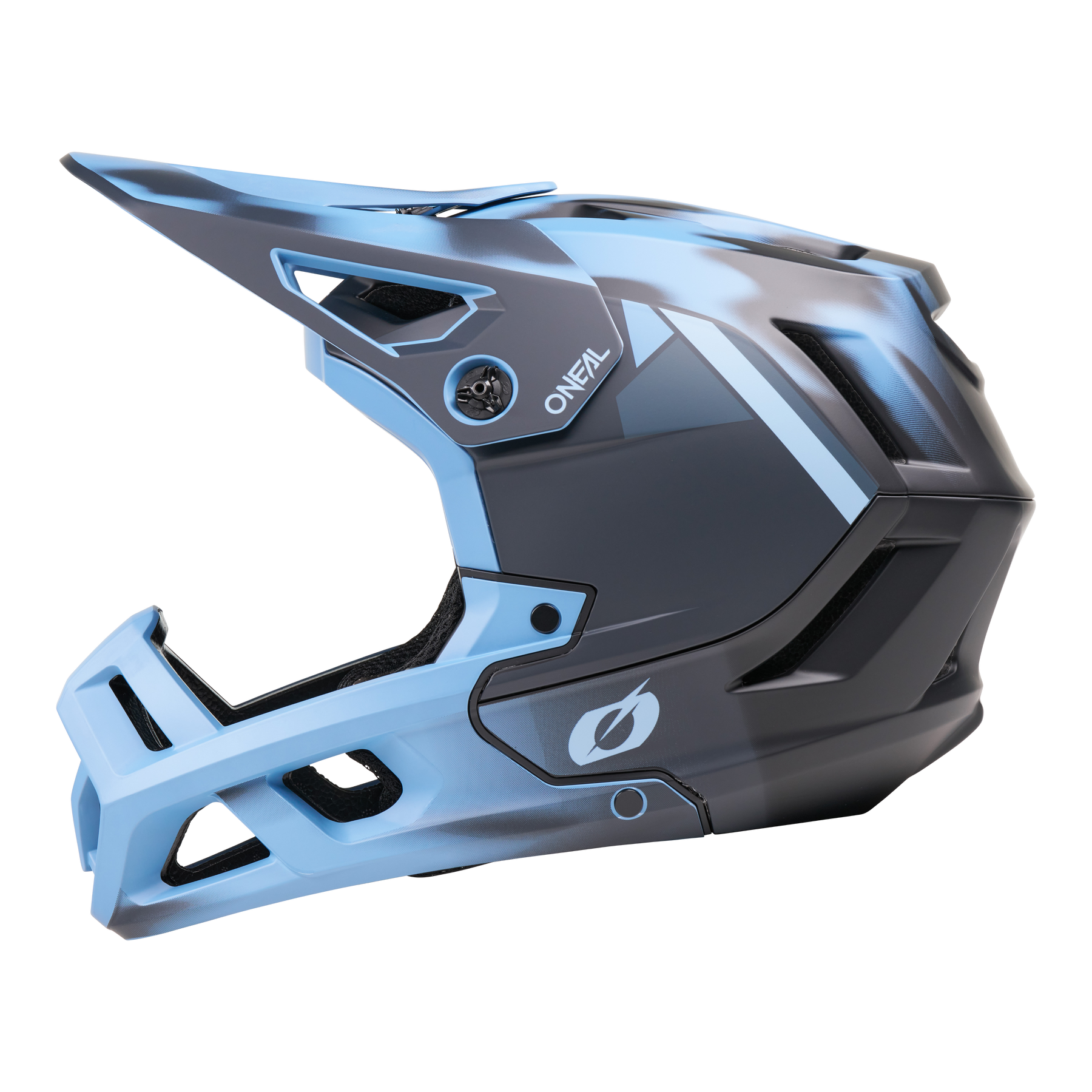 Der O'NEAL SL1 Helm GLACIOR ist ein blau-schwarzer Fullface-Mountainbike-Helm mit Visier, Kinnschutz, Belüftungsschlitzen und dem ONEAL-Logo an der Seite, der optimalen Schutz als unverzichtbare Ausrüstung bietet. Abgebildet auf einfarbig weißem Hintergrund.