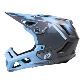 Der O'NEAL SL1 Helm GLACIOR ist ein blau-schwarzer Fullface-Mountainbike-Helm mit Visier, Kinnschutz, Belüftungsschlitzen und dem ONEAL-Logo an der Seite, der optimalen Schutz als unverzichtbare Ausrüstung bietet. Abgebildet auf einfarbig weißem Hintergrund.