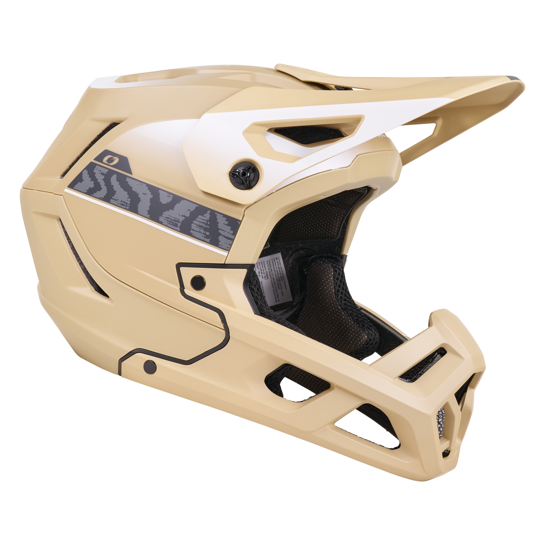 Der O'NEAL SL1 Helm TERRA ist ein beiger Fullface-Mountainbike-Helm mit schwarzer Polsterung, eckigen Belüftungsöffnungen und einem großen Visier. Ein dezenter, schwarz gemusterter Streifen akzentuiert die Seite. Abgebildet in der Seitenansicht auf weißem Hintergrund.