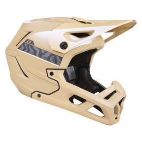 Der O'NEAL SL1 Helm TERRA ist ein beiger Mountainbike-Vollvisierhelm mit schwarzem und grauem geometrischen Seitenmuster, einem großen Visier und einem stabilen Kinnschutz für optimalen Schutz.