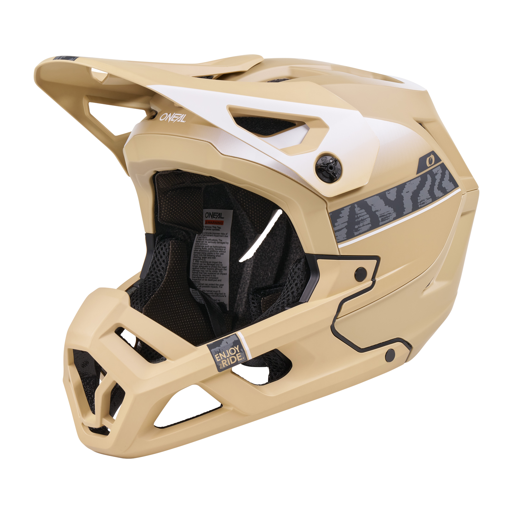 Der O'NEAL SL1 Helm TERRA ist ein sandfarbener Motocross-Vollvisierhelm mit schwarzen und silbernen Tigerstreifen, schwarzer Innenpolsterung und mehreren Belüftungsöffnungen. Der "O'NEAL"-Schriftzug ist an der Seite deutlich sichtbar und sorgt für Stil und Wiedererkennung.