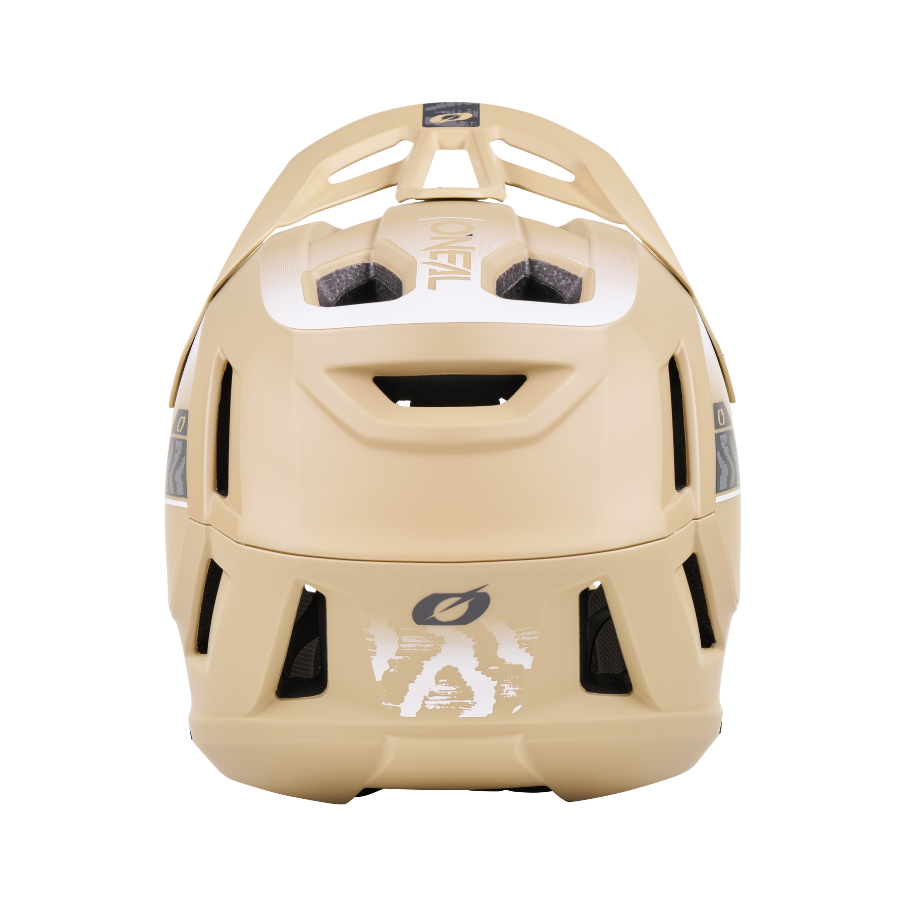 Der O'NEAL SL1 Helm TERRA ist ein hellbrauner Fahrradhelm, der von hinten gezeigt wird. Er verfügt über mehrere Belüftungsöffnungen zum Schutz, schwarze Akzente und ein kleines Logo am unteren Rand - perfekt für Ihre Ausrüstung.