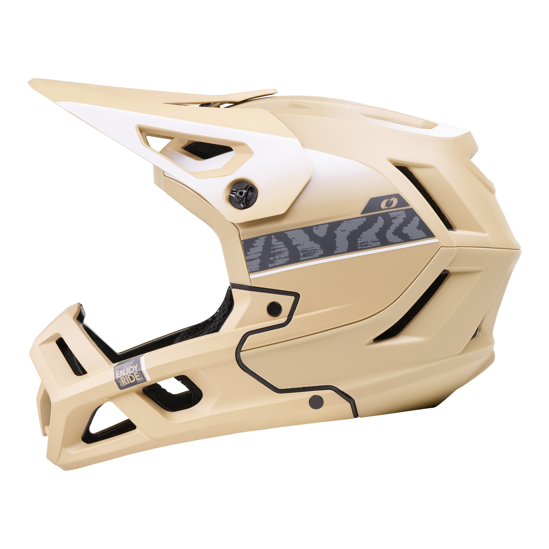 Der Vollvisierhelm O'NEAL SL1 Helm TERRA in Beige und Weiß mit schwarzen Akzenten bietet große Belüftungsöffnungen und einen gemusterten Streifen. Auf dem Kinnschutz steht "ENJOY RIDE" - ideal für Ihre Fahrradausrüstung.