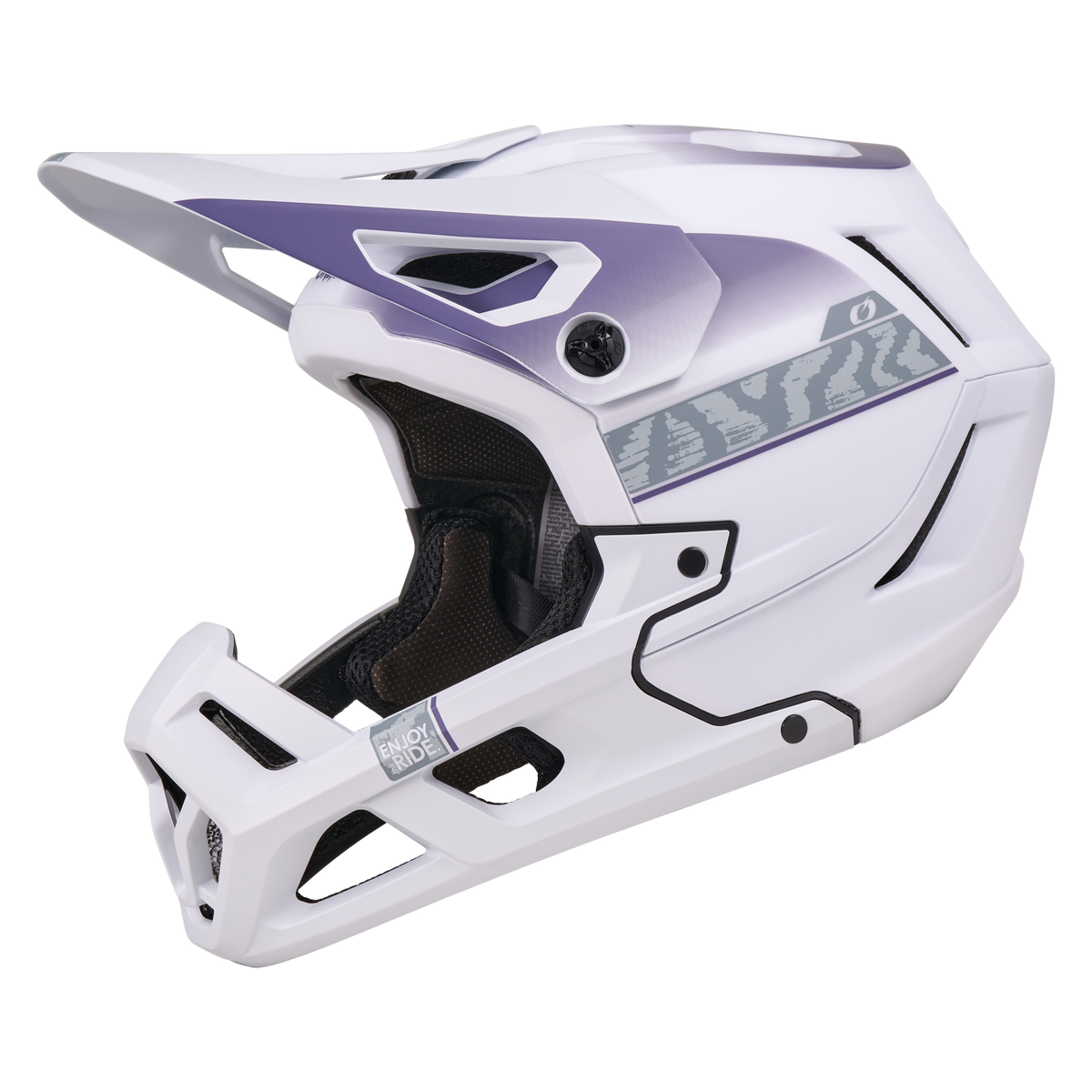 Der O'NEAL SL1 Helm TERRA ist ein weißer und violetter Fullface-Mountainbike-Helm mit Visier, Belüftungsöffnungen, geometrischen Grafiken und schwarzer Polsterung für Komfort und optimalen Schutz bei jeder Fahrt.