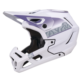 Der O'NEAL SL1 Helm TERRA ist ein weißer und violetter Fullface-Mountainbike-Helm mit Visier, Belüftungsöffnungen, geometrischen Grafiken und schwarzer Polsterung für Komfort und optimalen Schutz bei jeder Fahrt.