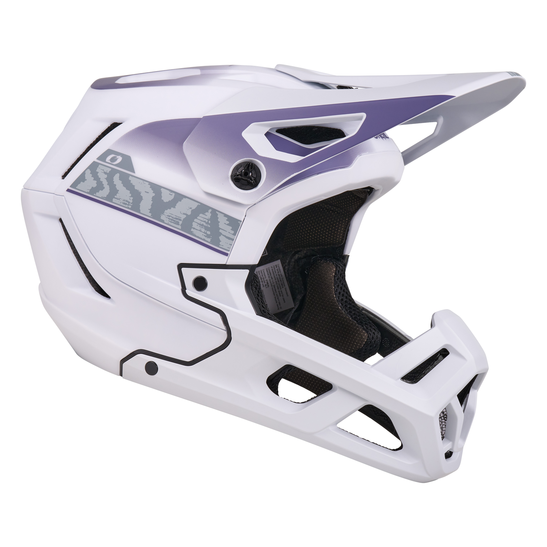 Der O'NEAL SL1 Helmet TERRA ist ein weißer Fullface-Mountainbike-Helm mit lila Visier, seitlicher Zebramuster-Grafik, breiten Belüftungsöffnungen, Innenpolsterung und optimalem Schutz für Ihre Ausrüstung.