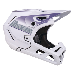Der O'NEAL SL1 Helmet TERRA ist ein weißer Fullface-Mountainbike-Helm mit lila Visier, seitlicher Zebramuster-Grafik, breiten Belüftungsöffnungen, Innenpolsterung und optimalem Schutz für Ihre Ausrüstung.
