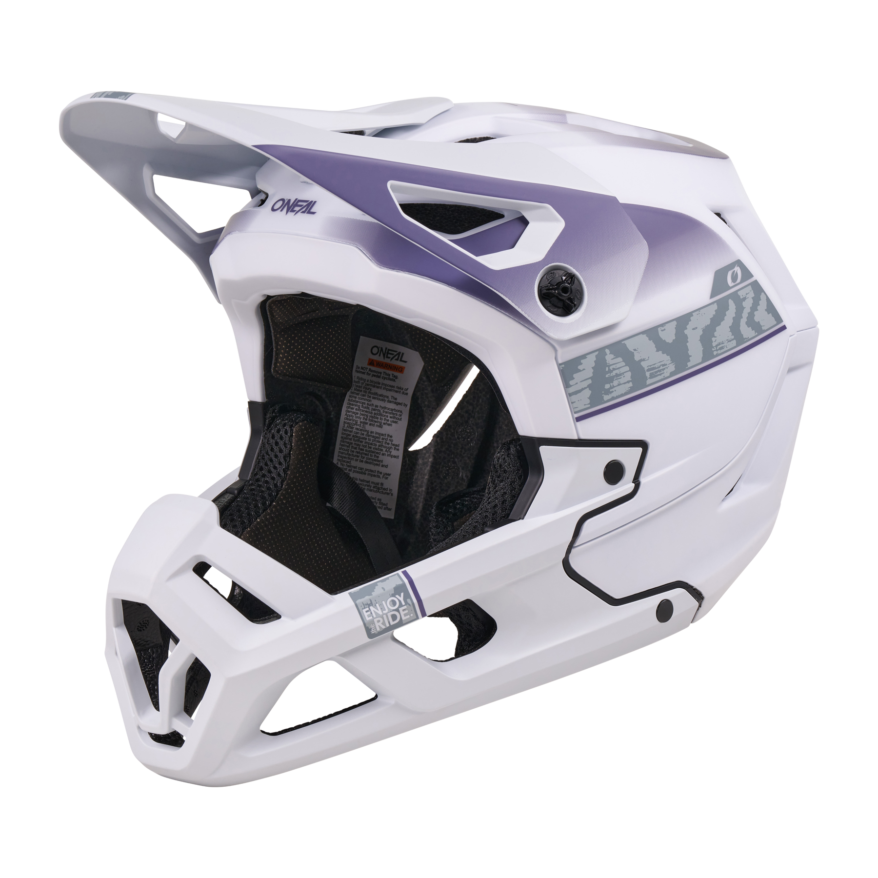 Der weiße O'NEAL SL1 Helmet TERRA ist ein Fullface-Mountainbike-Helm mit Visier, lila geometrischen Akzenten und schwarzen Belüftungspaneelen - ideal für anspruchsvolle Fahrer. Gezeigt im Seitenprofil vor weißem Hintergrund.