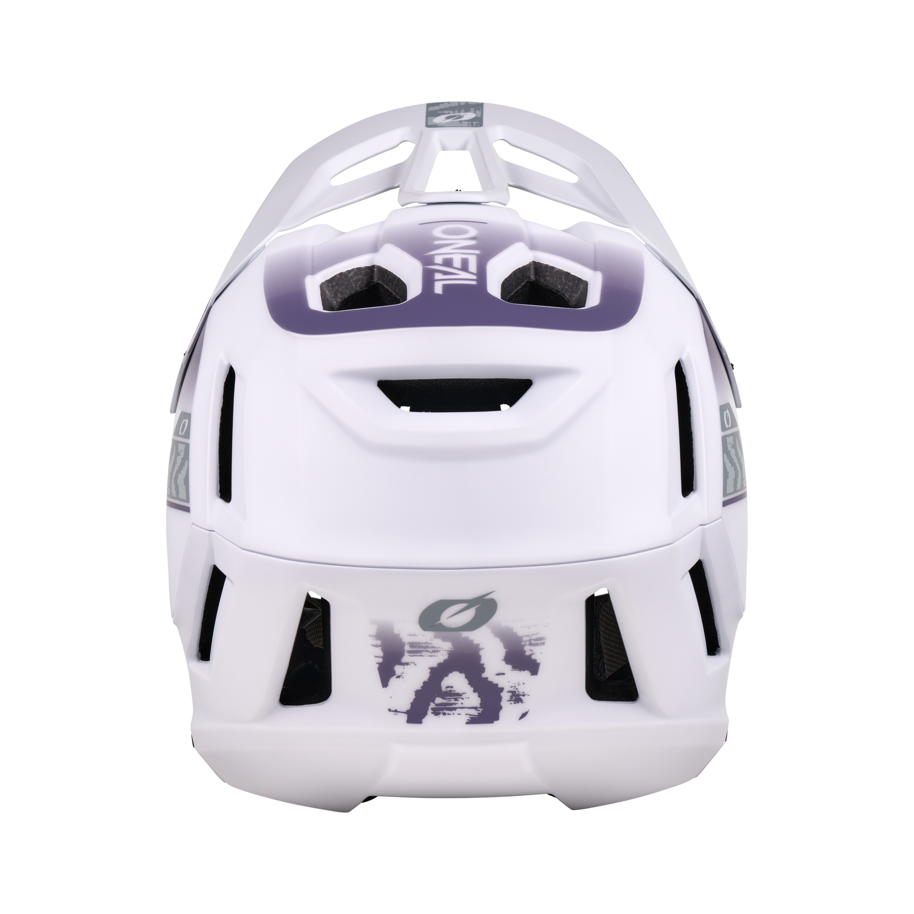 Rückansicht des weißen O'NEAL SL1 Helmet TERRA mit lilafarbenen Akzenten, Belüftungsschlitzen und O'NEAL-Branding - ein stilvoller Schutz für jede Fahrt.