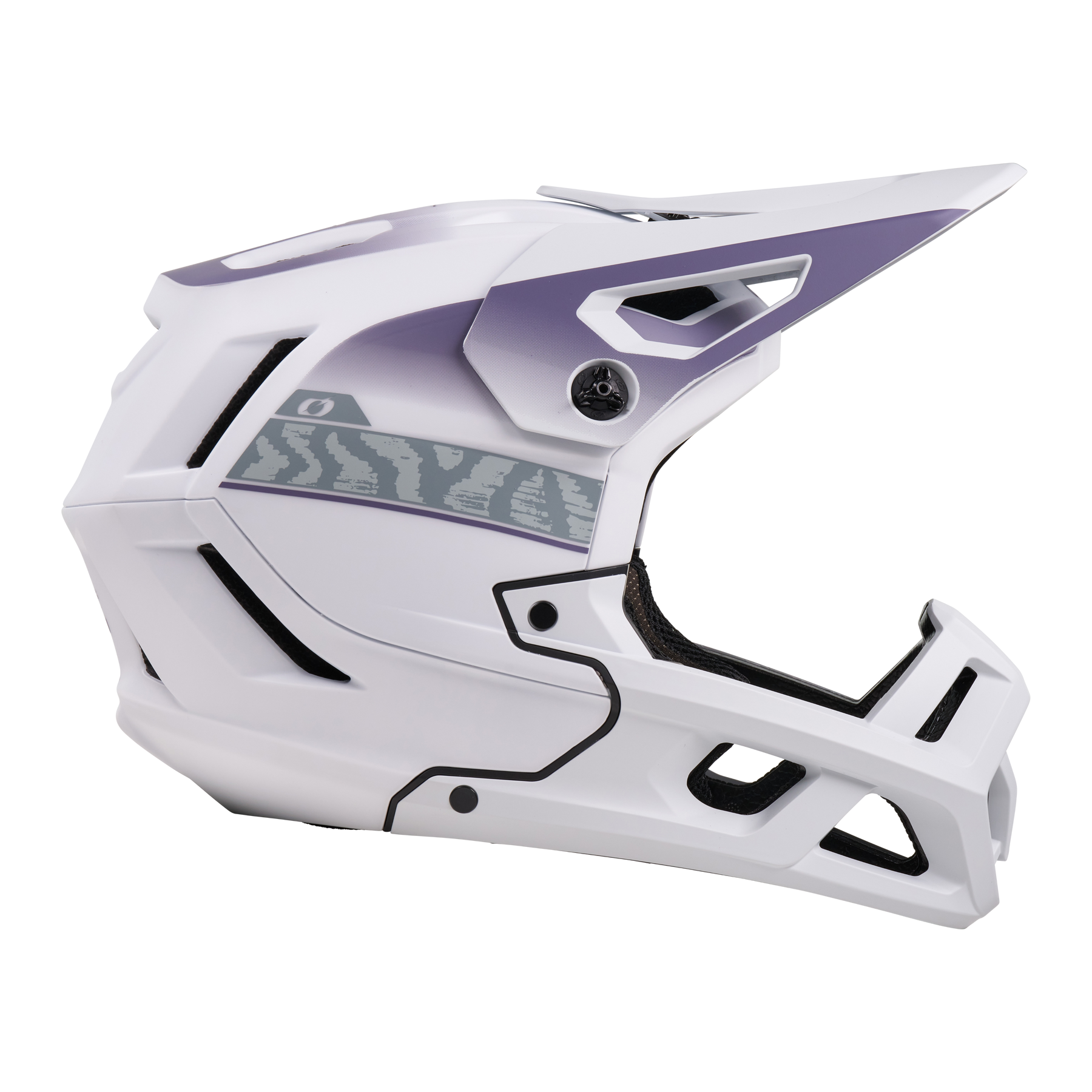 Der O'NEAL SL1 Helmet TERRA ist ein weißer und lilafarbener Fullface-Mountainbike-Helm mit Visier, zebragemusterten Seiten, modernen, eckigen Belüftungsöffnungen und einem Kinnschutz für optimalen Schutz.