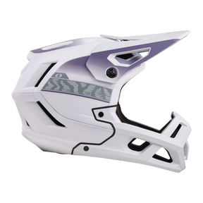 Der O'NEAL SL1 Helmet TERRA ist ein weißer und lilafarbener Fullface-Mountainbike-Helm mit Visier, zebragemusterten Seiten, modernen, eckigen Belüftungsöffnungen und einem Kinnschutz für optimalen Schutz.