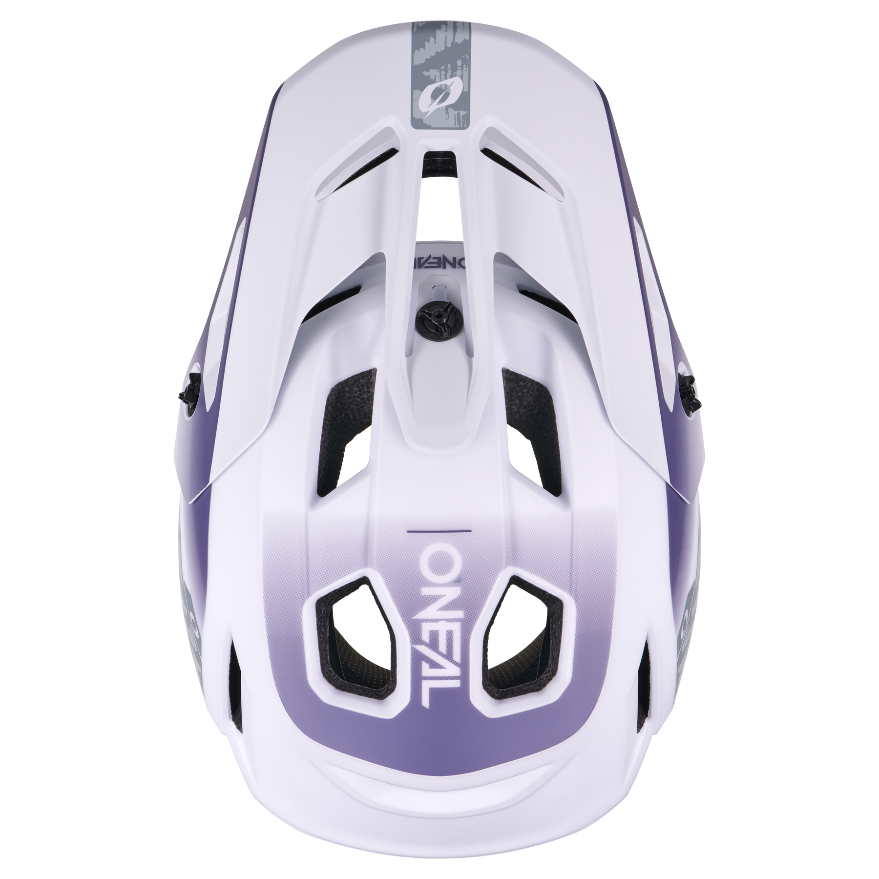 Draufsicht auf den O'NEAL SL1 Helm TERRA in Weiß und Lila, mit mehreren Belüftungsschlitzen für optimalen Schutz und dem O'NEAL-Logo auf der Rückseite.