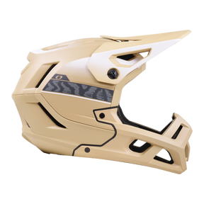 Der O'NEAL SL1 Helmet TERRA ist ein hellbrauner und weißer Fullface-Mountainbike-Helm mit schwarzen Belüftungsöffnungen, einem Visier und schwarz-grauen Grafiken, die für Stil und optimalen Schutz sorgen. Abgebildet in einem stilvollen Seitenprofil auf weißem Hintergrund.