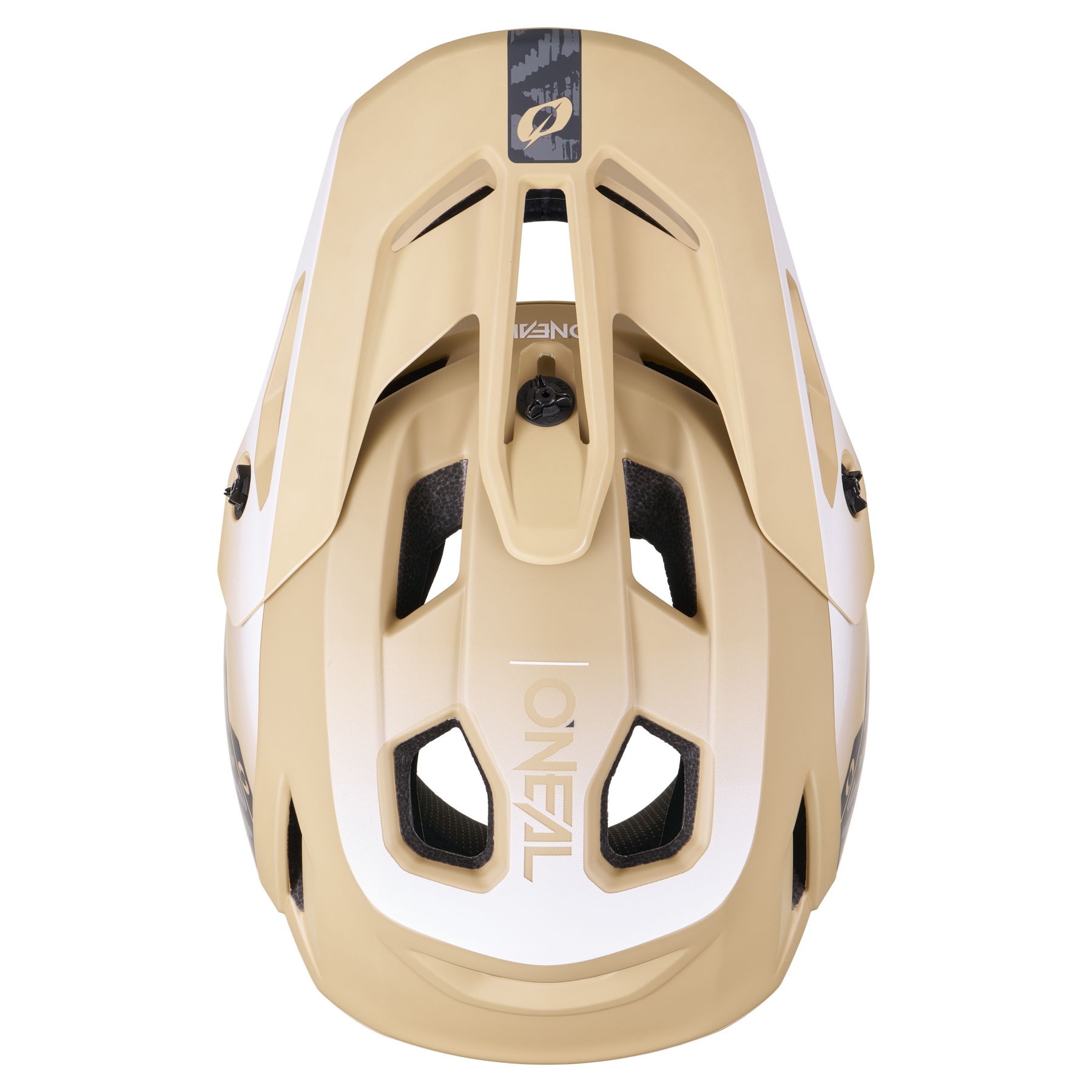 Draufsicht auf den beige-weißen Fahrradhelm O'NEAL SL1 Helm TERRA mit Belüftungslöchern für optimalen Schutz, einem schwarzen Mittelstreifen und dem O'NEAL-Logo auf der Oberseite - perfekt als Teil Ihrer Ausrüstung.