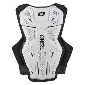 Der O'NEAL SPLIT LITE Brustschutz ist ein weiß-schwarzes MTB-Zubehör mit geometrischem Lüftungsmuster, vertikalem "O'NEAL"-Aufdruck, verstellbaren schwarzen Trägern und Polsterung für mehr Komfort.