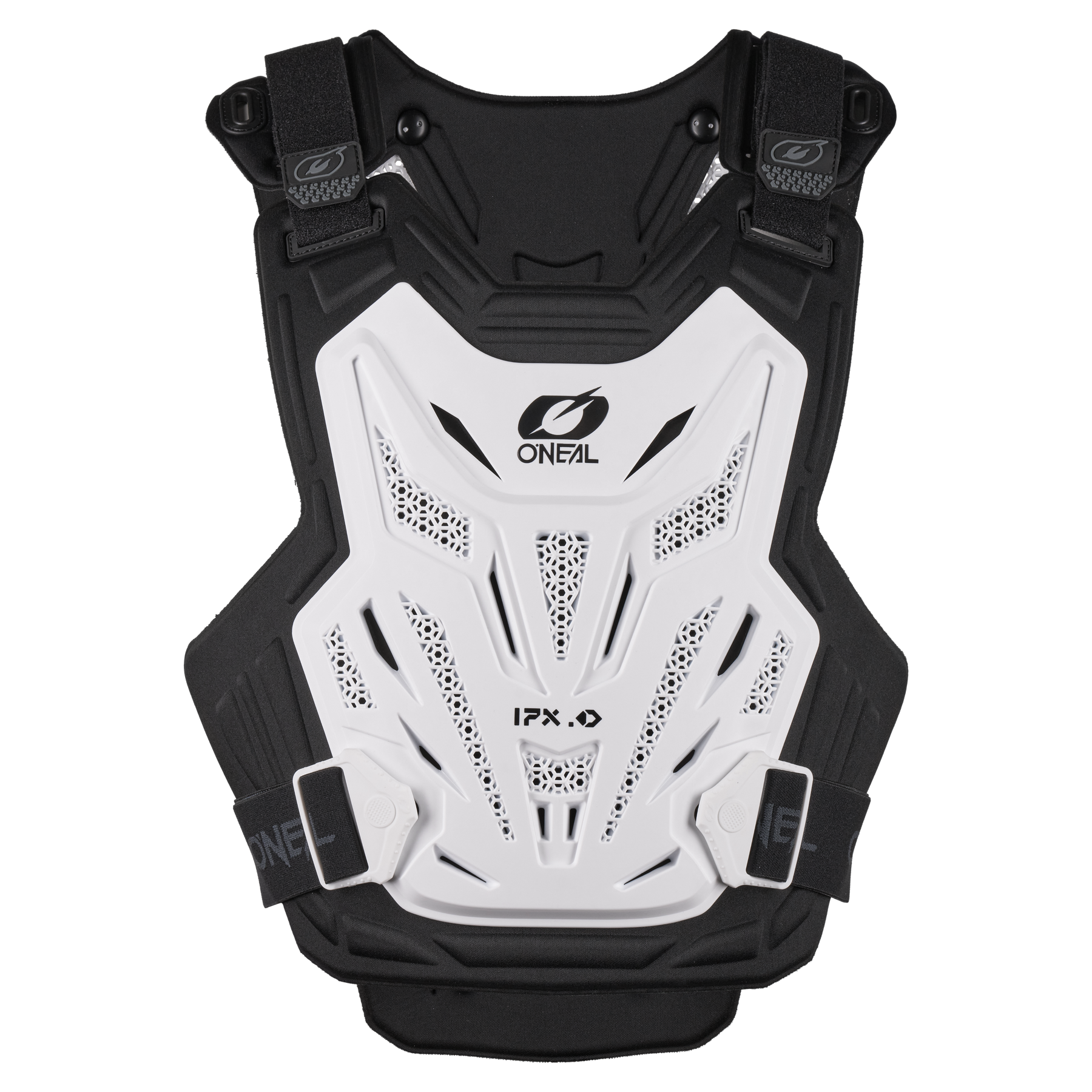 Der O'NEAL SPLIT LITE Chest Protector ist ein schwarz-weißes, belüftetes Motocross- und MTB-Zubehör mit verstellbaren Riemen, robustem Design und dem O'NEAL-Logo sowie dem "IPX"-Label auf der Vorderseite.