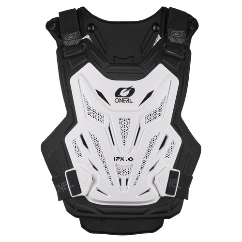 Der O'NEAL SPLIT LITE Chest Protector ist ein schwarz-weißes, belüftetes Motocross- und MTB-Zubehör mit verstellbaren Riemen, robustem Design und dem O'NEAL-Logo sowie dem 