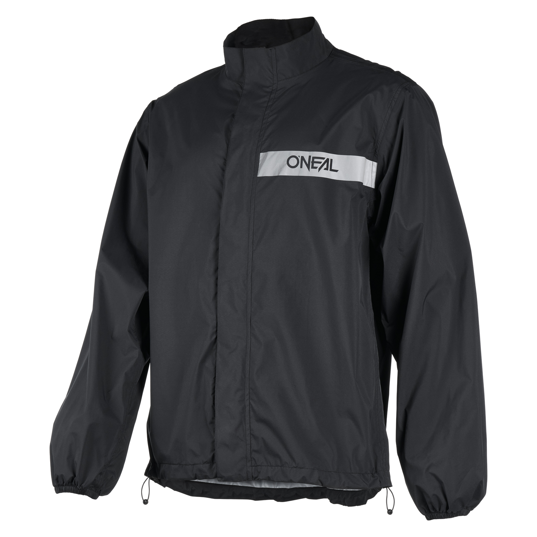 Die O'NEAL TORRENT Regenjacke von O'NEAL Europe ist eine schwarze Jacke mit langen Ärmeln, hohem Kragen, elastischem Bund und Manschetten sowie einem reflektierenden Streifen mit dem O'Neal-Logo auf der Brust.