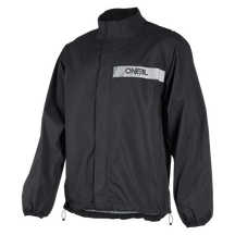 The O'NEAL TORRENT rain jacket from O'NEAL Europe is a black jacket with long sleeves, a high collar, elastic waistband and cuffs and a reflective stripe with the O'NEAL logo on the chest.