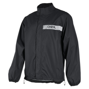 The O'NEAL TORRENT rain jacket from O'NEAL Europe is a black jacket with long sleeves, a high collar, elastic waistband and cuffs and a reflective stripe with the O'NEAL logo on the chest.