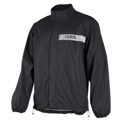 The O'NEAL TORRENT rain jacket from O'NEAL Europe is a black jacket with long sleeves, a high collar, elastic waistband and cuffs and a reflective stripe with the O'NEAL logo on the chest.
