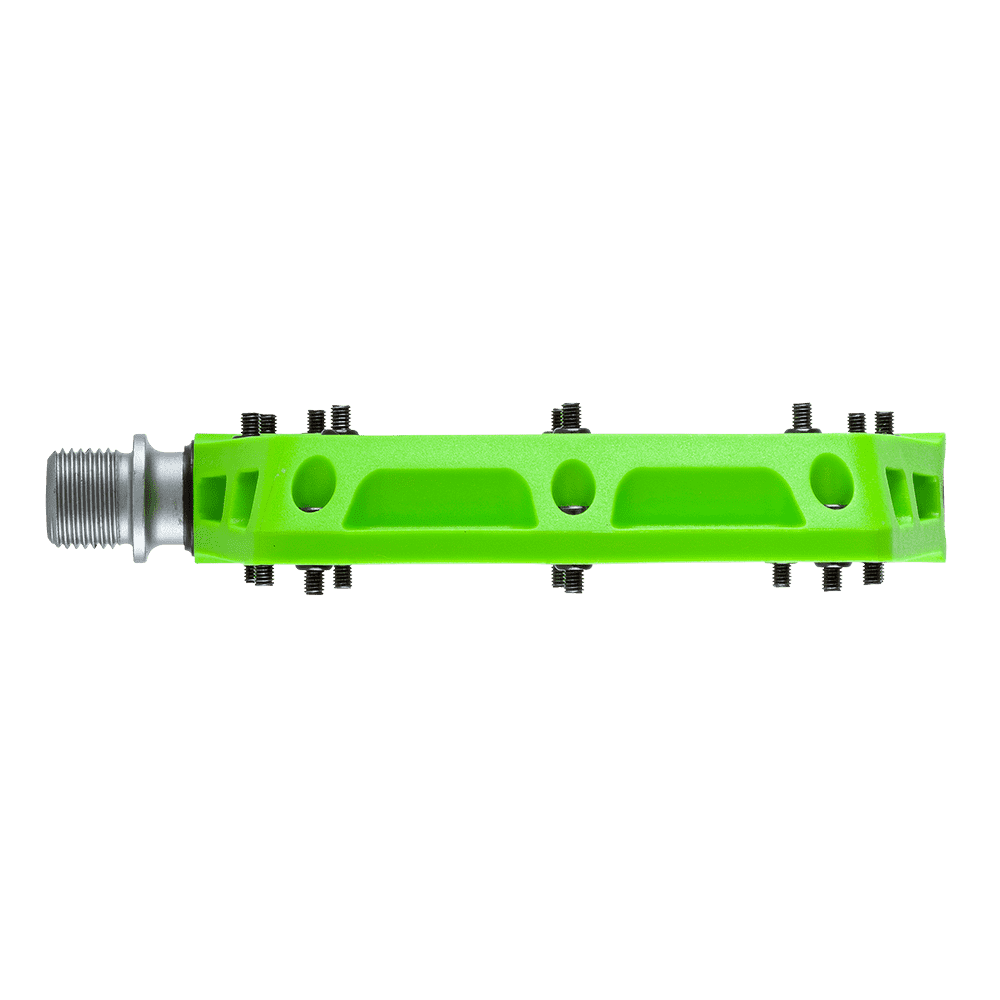 Das AZONIC BLAZE Pedal von AZONIC ist von der Seite in leuchtendem Grün dargestellt, mit einer Metallspindel auf der linken Seite und kleinen schwarzen Griffstiften entlang der Kanten. Es hat ein leichtes, offenes Rahmen-Design.