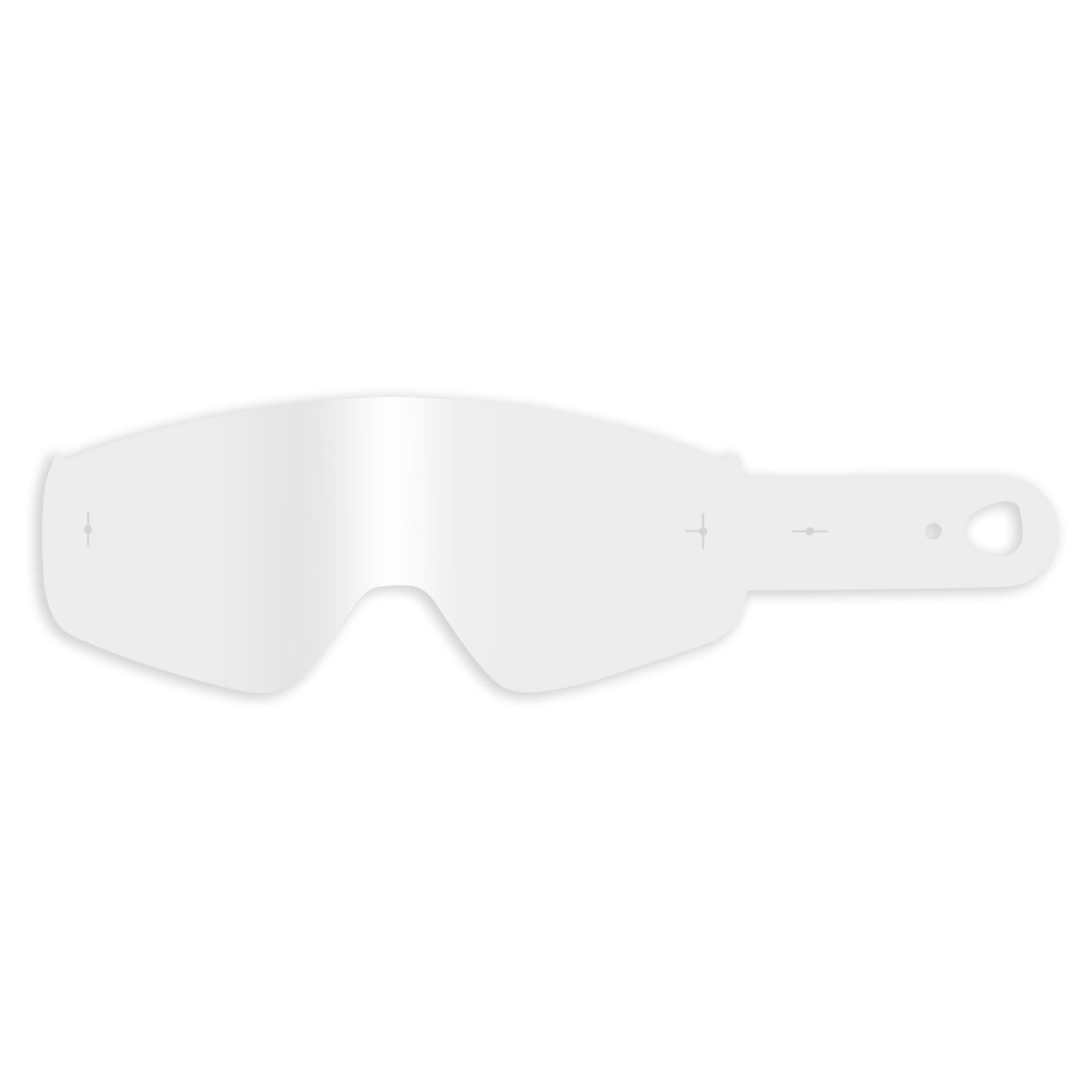 Eine transparente, leicht gewölbte Goggle-Scheibe mit schwarzer Umrandung und seitlichem Bandloch passt perfekt zur O'NEAL B-50 Goggle - Tear Off Pack für kristallklare Sicht. Abgebildet auf einfarbig schwarzem Hintergrund. Marke: O'NEAL.