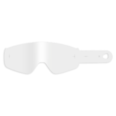 Eine transparente, leicht gewölbte Goggle-Scheibe mit schwarzer Umrandung und seitlichem Bandloch passt perfekt zur O'NEAL B-50 Goggle - Tear Off Pack für kristallklare Sicht. Abgebildet auf einfarbig schwarzem Hintergrund. Marke: O'NEAL.