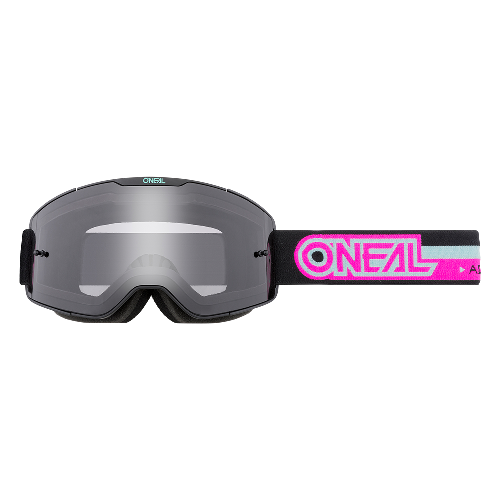 Vorderansicht der O'NEAL B-20 Brille PROXY mit reflektierenden Gläsern und schwarzem Band mit dem auffälligen rosa-weißen O'NEAL-Logo, das für ein optimales Sichtfeld auf der Rennstrecke sorgt.