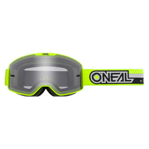 Die O'NEAL B-20 Brille PROXY ist eine neongelbe Motocross-Brille mit dunkel getönter Linse, die ein großes Sichtfeld bietet, und einem verstellbaren Riemen mit „O'NEAL“-Aufdruck für stilvollen Augenschutz.