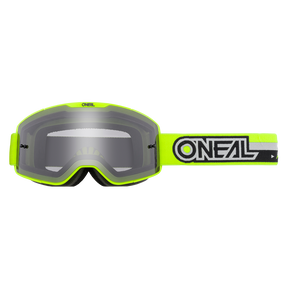 Die O'NEAL B-20 Brille PROXY ist eine neongelbe Motocross-Brille mit dunkel getönter Linse, die ein großes Sichtfeld bietet, und einem verstellbaren Riemen mit „O'NEAL“-Aufdruck für stilvollen Augenschutz.