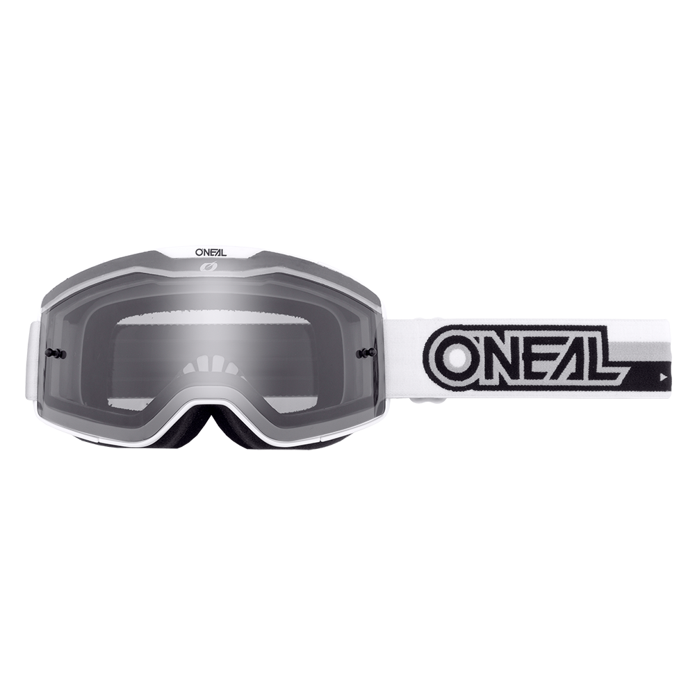 Vorderansicht der O'NEAL B-20 Brille PROXY mit weißem Rahmen und Band. Das klare Glas bietet ein weites Sichtfeld, und das Band zeigt das markante schwarze O'NEAL-Logo.