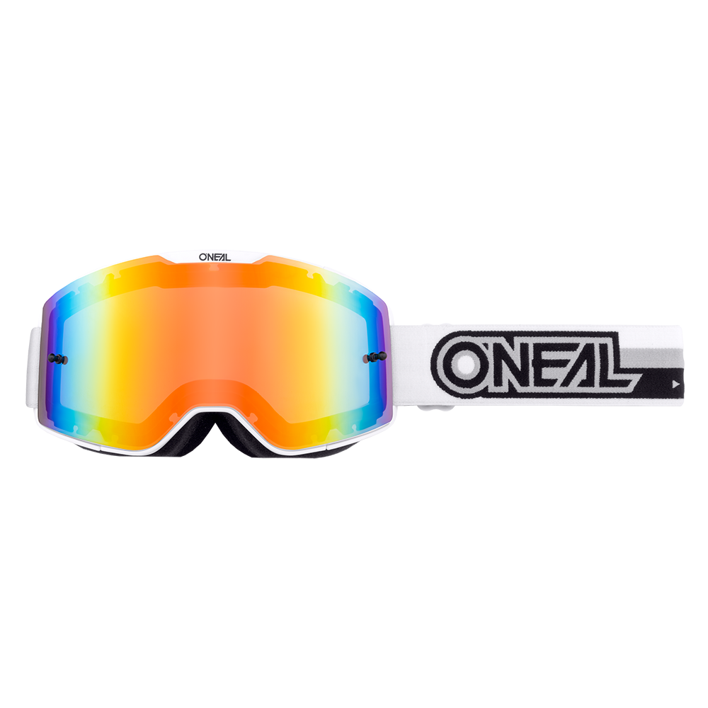 Die O'NEAL B-20 Brille PROXY verfügt über eine breite verspiegelte orangefarbene Scheibe und ein weißes Band mit dem auffälligen schwarzen O'NEAL-Logo für maximale Sichtbarkeit.
