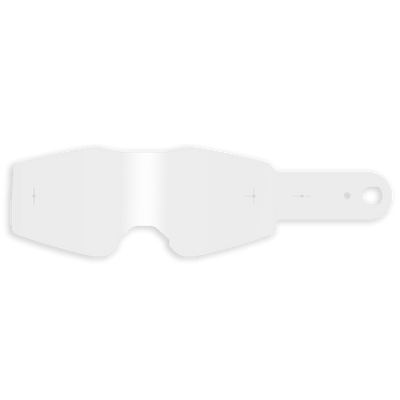 Ein klares, rechteckiges O'NEAL B-20 & B-30 Goggle-Abreißglas mit abgerundeten Kanten und einer rechtsseitigen Lasche mit rundem Loch, abgebildet auf hellgrauem Hintergrund.