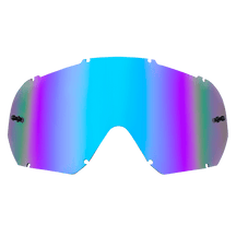 Die O'NEAL B-10 Goggle - Ersatzlinse mit einem mehrfarbigen, reflektierenden Visier mit einem Farbverlauf von Blau nach Lila ist auf einem schlichten Hintergrund abgebildet. Die Linse weist eine leicht gebogene Form mit schwarzen Befestigungspunkten an den Seiten auf.