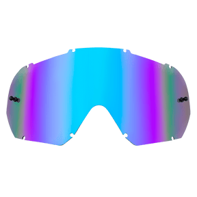 Die O'NEAL B-10 Goggle - Ersatzlinse mit einem mehrfarbigen, reflektierenden Visier mit einem Farbverlauf von Blau nach Lila ist auf einem schlichten Hintergrund abgebildet. Die Linse weist eine leicht gebogene Form mit schwarzen Befestigungspunkten an den Seiten auf.